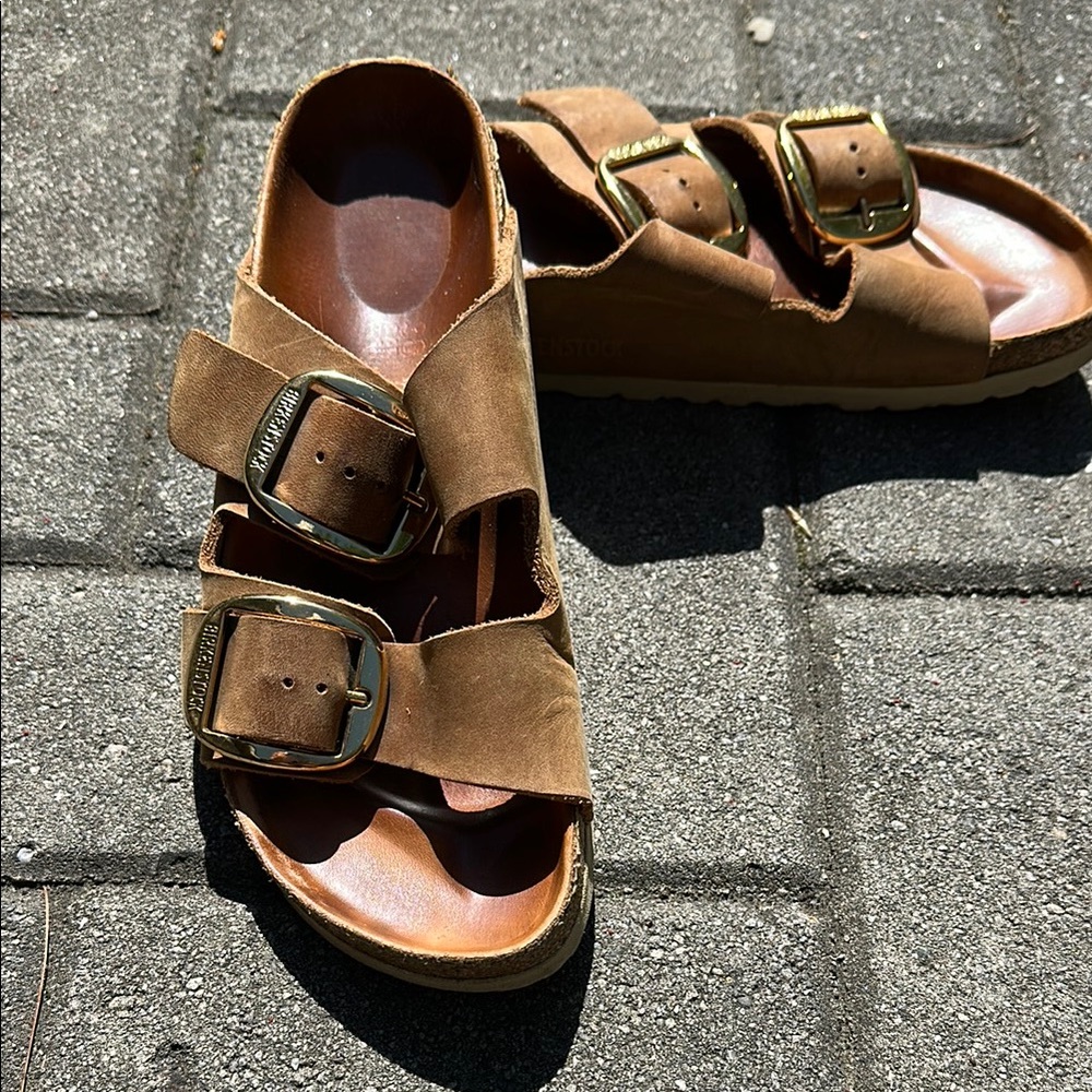 Birkenstock Tan Leather Sandals with Metallic Buckles